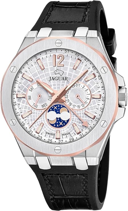 Reloj Analógico Hombre con Fase Lunar de Cuero Negro&nbsp;