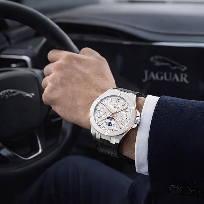 Reloj Analógico Hombre con Fase Lunar de Cuero Negro&nbsp;