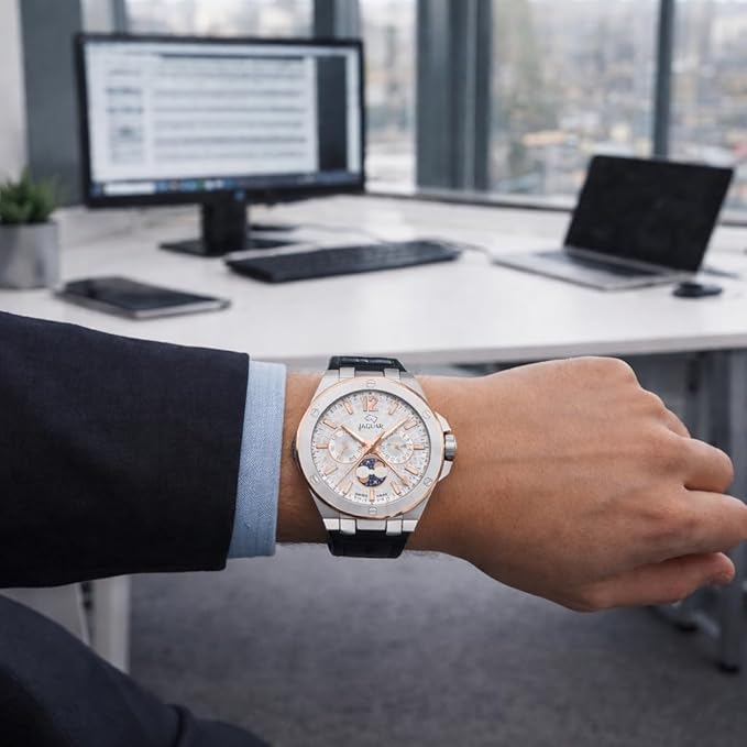 Reloj Analógico Hombre con Fase Lunar de Cuero Negro&nbsp;