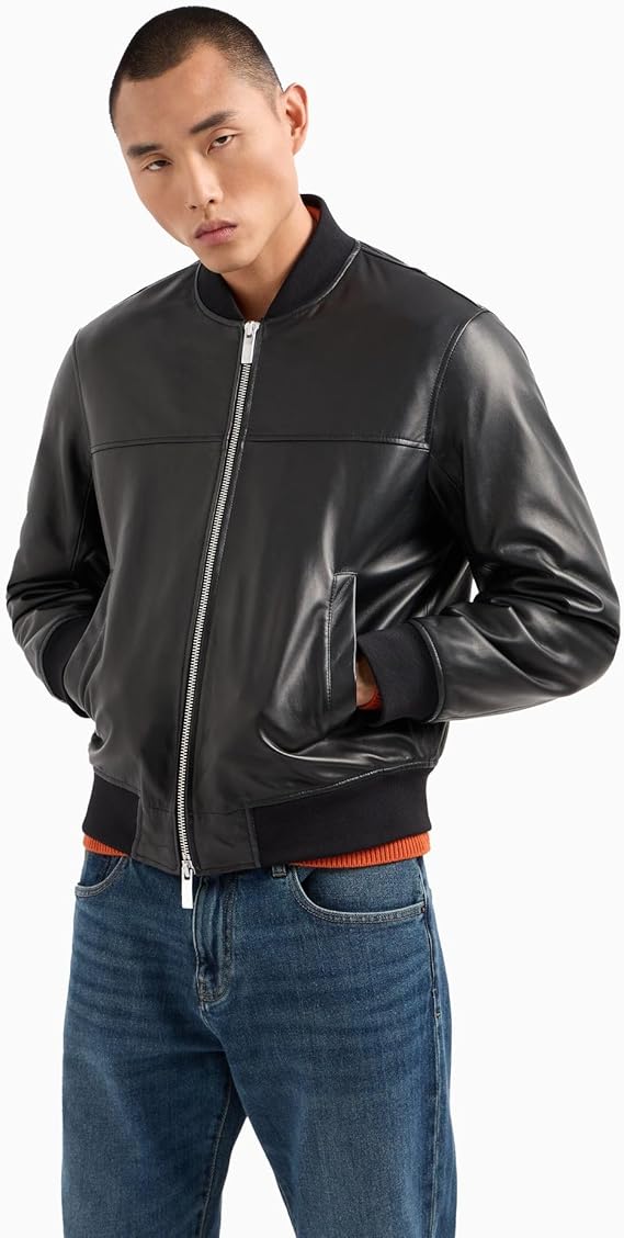 Chaqueta para hombre de piel con detalles de tela