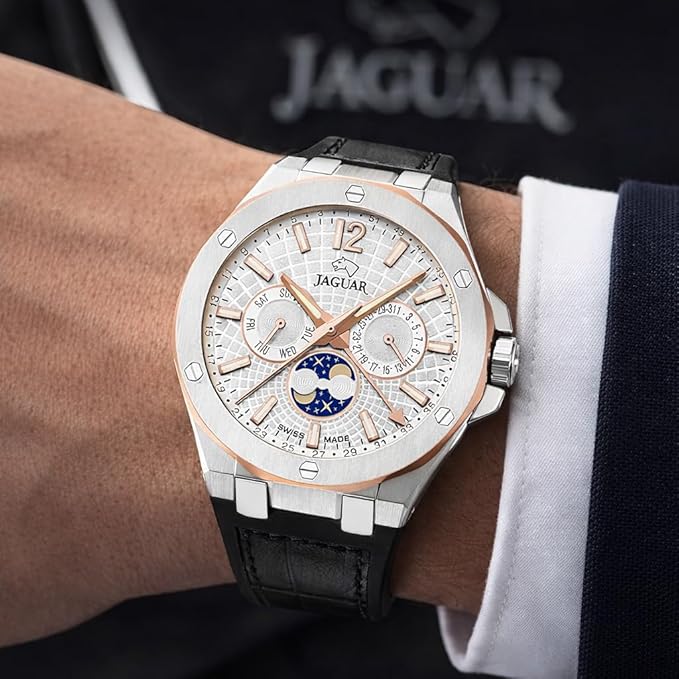 Reloj Analógico Hombre con Fase Lunar de Cuero Negro&nbsp;